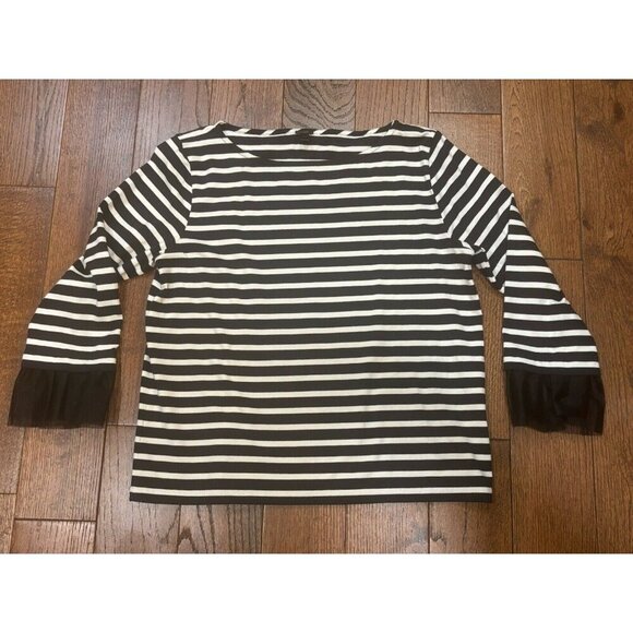 J. Crew Women's Size L Tulle Cuffed Stripe Long Sleeve T-Shirt Top Black White - Picture 1 of 6